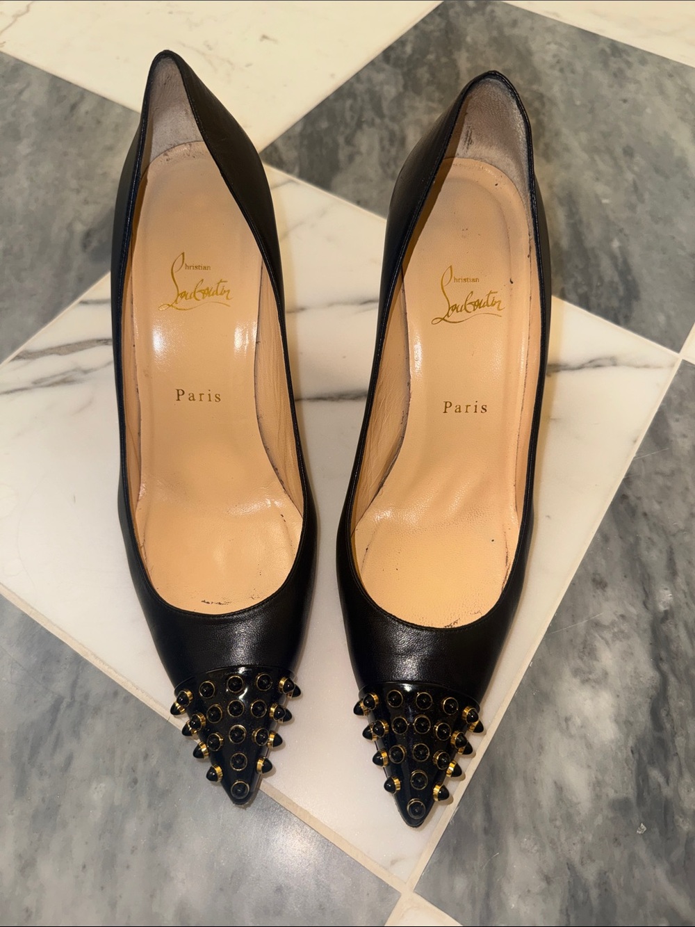 Christian Louboutin Black Leather Pointed Toe Studded Pumps